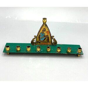 Vtg Brass & Enamel Hanukkah Menorah Oppenheim Israel Chanukkah Maccabi Warrior